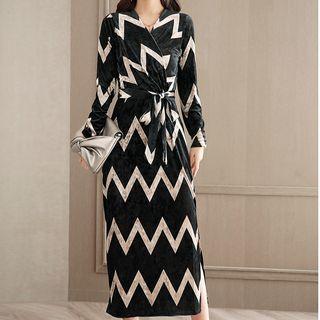 Chevron Wrap Front Long-sleeve Midi Sheath Dress