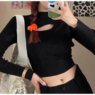 Long-sleeve Cut-out Top Black - One Size