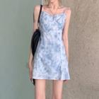 One-shoulder Short-sleeve T-shirt / Dye Print Spaghetti Strap Mini A-line Dress