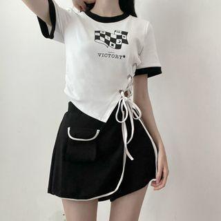 Lace-up Cropped T-shirt / Mini A-line Skort