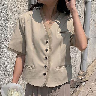 Short-sleeve V-neck Button Blouse