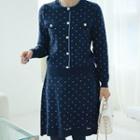 Polka-dot Knit Cardigan & Skirt Set Navy Blue - One Size