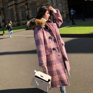 Long Furry-trim Plaid Hooded Duffle Coat