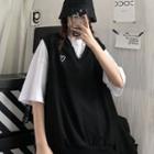V-neck Heart Embroidered Vest / Short-sleeve T-shirt