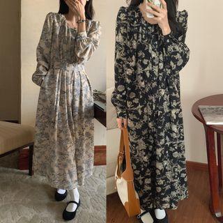 Puff Sleeve Floral Print Tie-waist Midi Dress