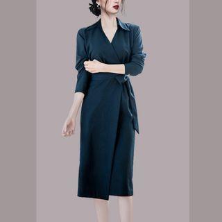 Long-sleeve Open-collar Tie-waist Midi Sheath Dress