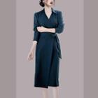 Long-sleeve Open-collar Tie-waist Midi Sheath Dress