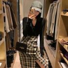 Set: V-neck Long-sleeve T-shirt + Plaid Midi Shirred Slit Skirt