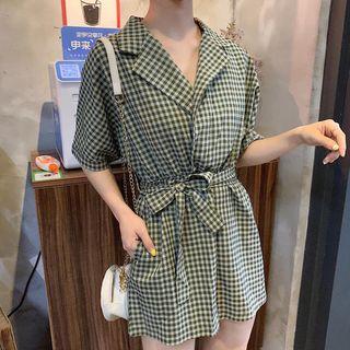 Short-sleeve Plaid Drawstring-waist Playsuit Olive Green - One Size