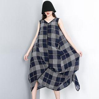 Irregular Hem Plaid Sleeveless Midi Dress Plaid - Blue - One Size