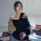 Cold-shoulder Two-tone Sweater Black & Khaki - One Size