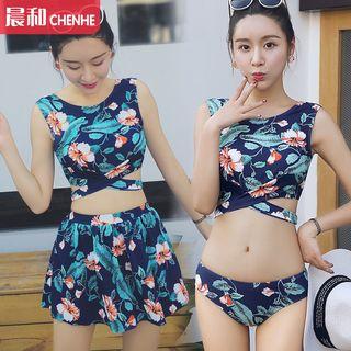 Set: Floral Print High Neck Bikini + Skirt