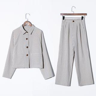 Set: Plaid Buttoned Jacket + Wide-leg Pants