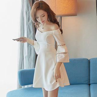 Perforated Trim Off Shoulder 3/4 Sleeve Dress