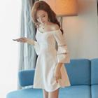 Perforated Trim Off Shoulder 3/4 Sleeve Dress