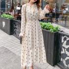 Long-sleeve Dot Print Chiffon Midi Dress