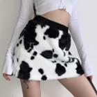 High-waist Cow Print Furry Mini Skirt