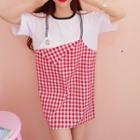 Short-sleeve Plaid Mock Two-piece T-shirt