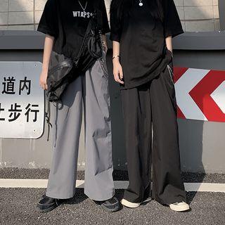 Elastic-waist Plain Wide-leg Pants