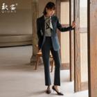 Plain Blazer / Straight Leg Dress Pants / Bow Shirt / Set