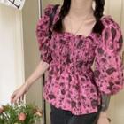 Elbow-sleeve Floral Print Shirred Top Puprle - One Size