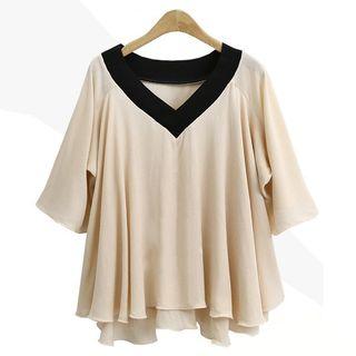 V-neck Elbow-sleeve Frilled Chiffon Top