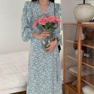 Long-sleeve V-neck Floral Maxi Dress Blue& White & Yellow - One Size