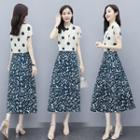 Set Of 2 - Dot Pattern Shirt + Floral A-line Skirt