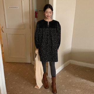 Faux-suede Yoke Floral Dress Black - One Size