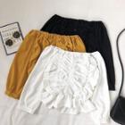 Plain Off-shoulder Ruffled-trim Long-sleeve Blouse