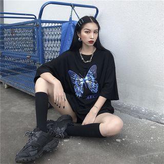 Butterfly Print Elbow-sleeve T-shirt Black - One Size
