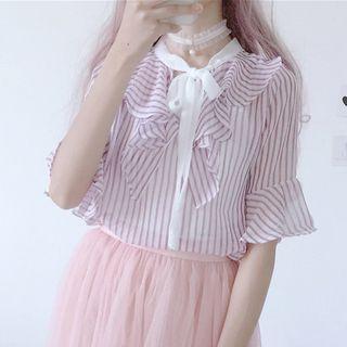 Bell Short-sleeve Stripe Chiffon Blouse
