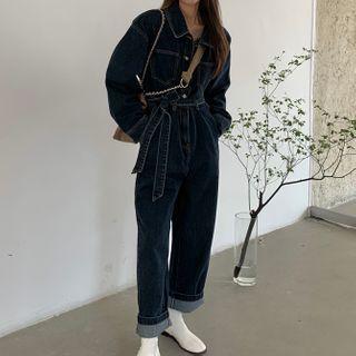 Long-sleeve Button-up Denim Jumpsuit