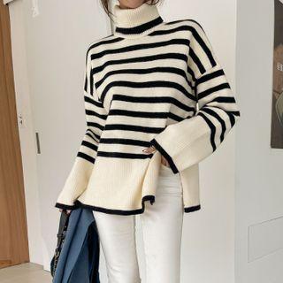 Turtle-neck Drop-shoulder Stripe Knit Top