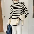 Turtle-neck Drop-shoulder Stripe Knit Top