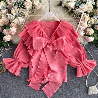 Ruffle Bow Collar Puff-sleeve Chiffon Top