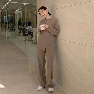 Band-waist Ribbed Wool Blend Pants