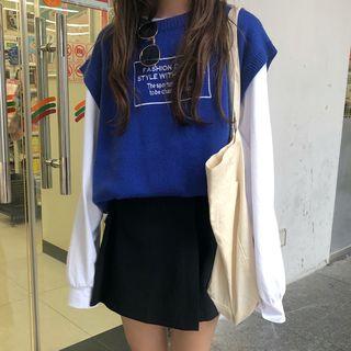 Lettering Embroidered Vest/ Long-sleeve Cartoon Print T-shirt
