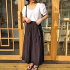 Plain Puff-sleeve Blouse / High-waist Tie-waist Midi Skirt
