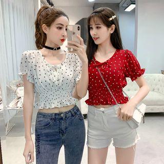 Short-sleeve Polka Dot Cropped Blouse