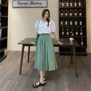 Puff-sleeve Ruffled Blouse / Midi A-line Skirt