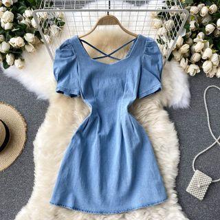 Open-back Puff-sleeve Denim Dress