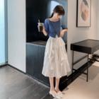 Set: Short-sleeve Wrapped Top + A-line Midi Skirt