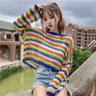 Set: Striped Open Knit Crop Sweater + Camisole Stripe - Multicolor - One Size