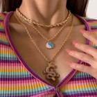 Set: Chain Choker + Pendant Layered Necklace Set Of 2 Pcs - Blue & White & Gold - One Size