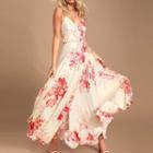 Spaghetti-strap V-neck Floral Print Maxi A-line Dress