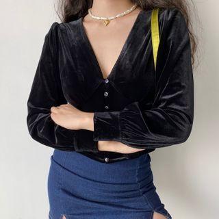 V-neck Long-sleeve Velvet Cropped Top