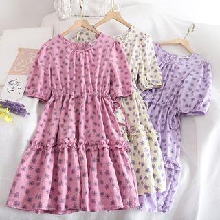 Drawstring Waist Frilled Trim Floral A-line Dress