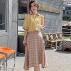 Set: Short-sleeve Shirt + Plaid Midi A-line Skirt