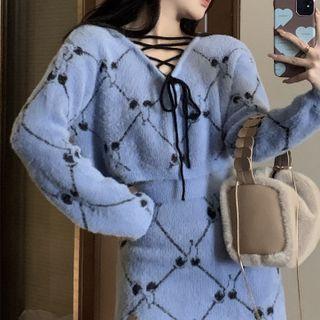 Cherry Print Lace-up Cropped Sweater / Mini Pencil Skirt
